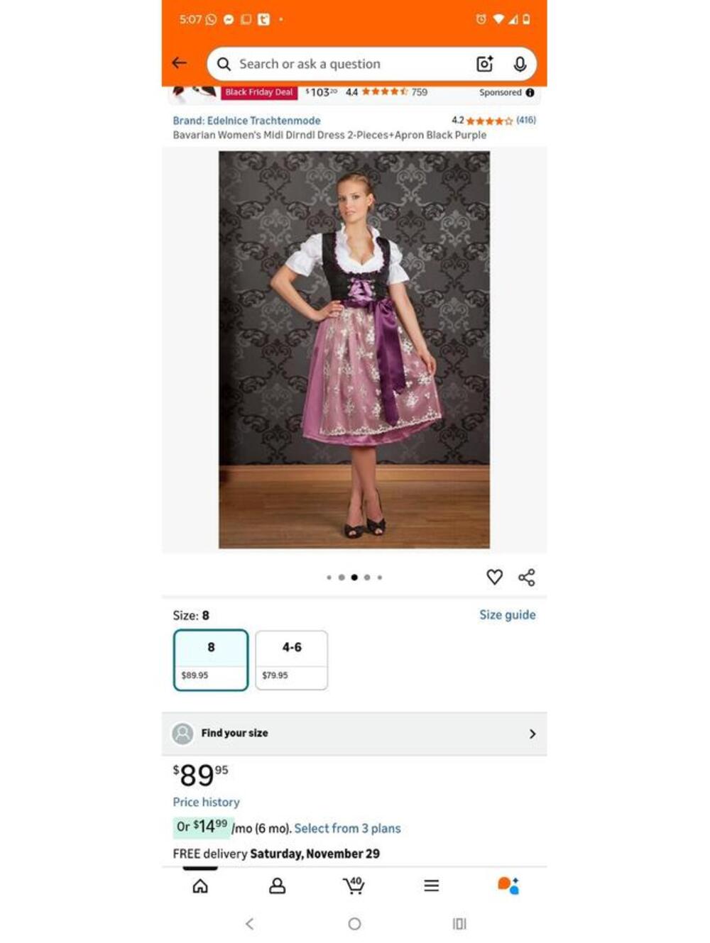 Bavarian Women's Midi Dirndl Dress 2-Pieces+Apron Black Purple [COPY]